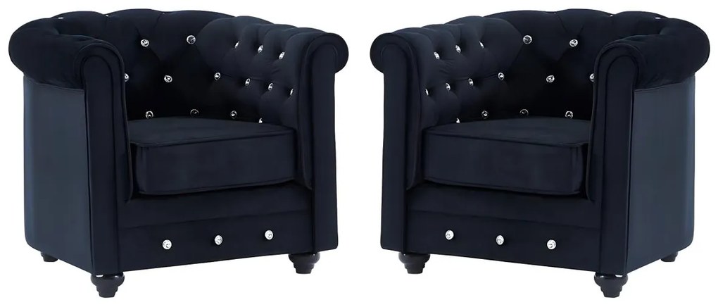 Lotto di 2 poltrone CHESTERFIELD in velluto Nero con bottoni effetto cristallo