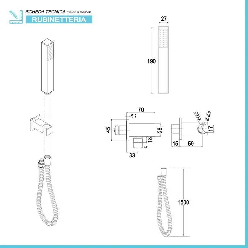 Set doccia incasso completo con soffione quadrato 25 e kit doccia Torre