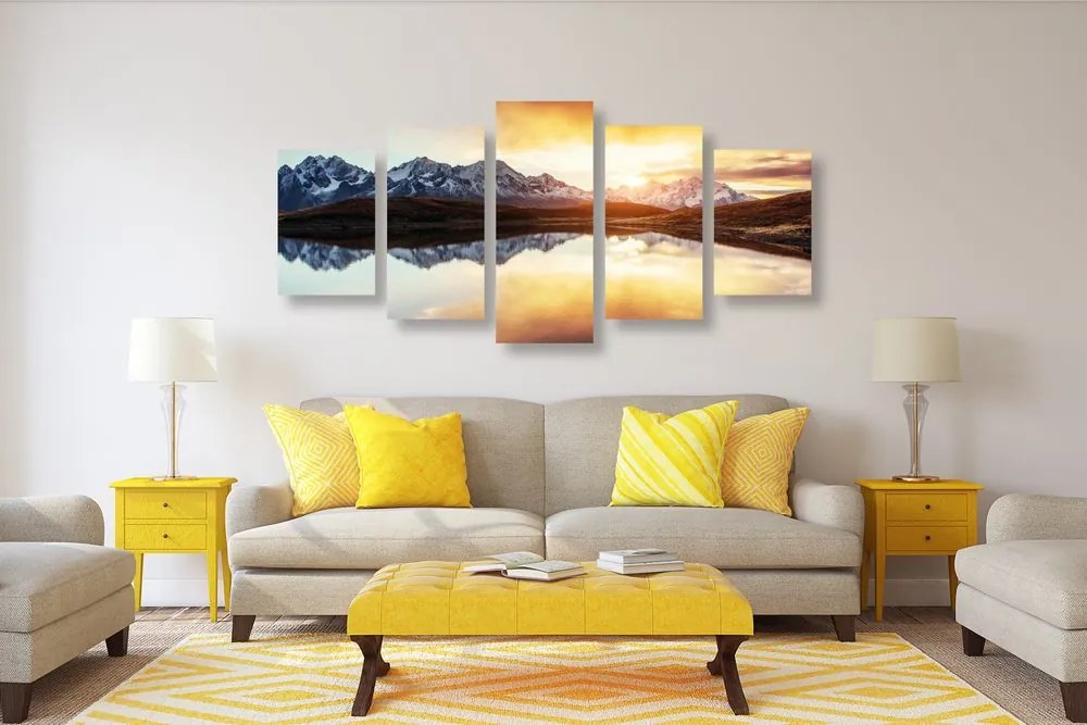 Quadri 5 pezzi – Tramonto abbagliante sul lago di montagna
