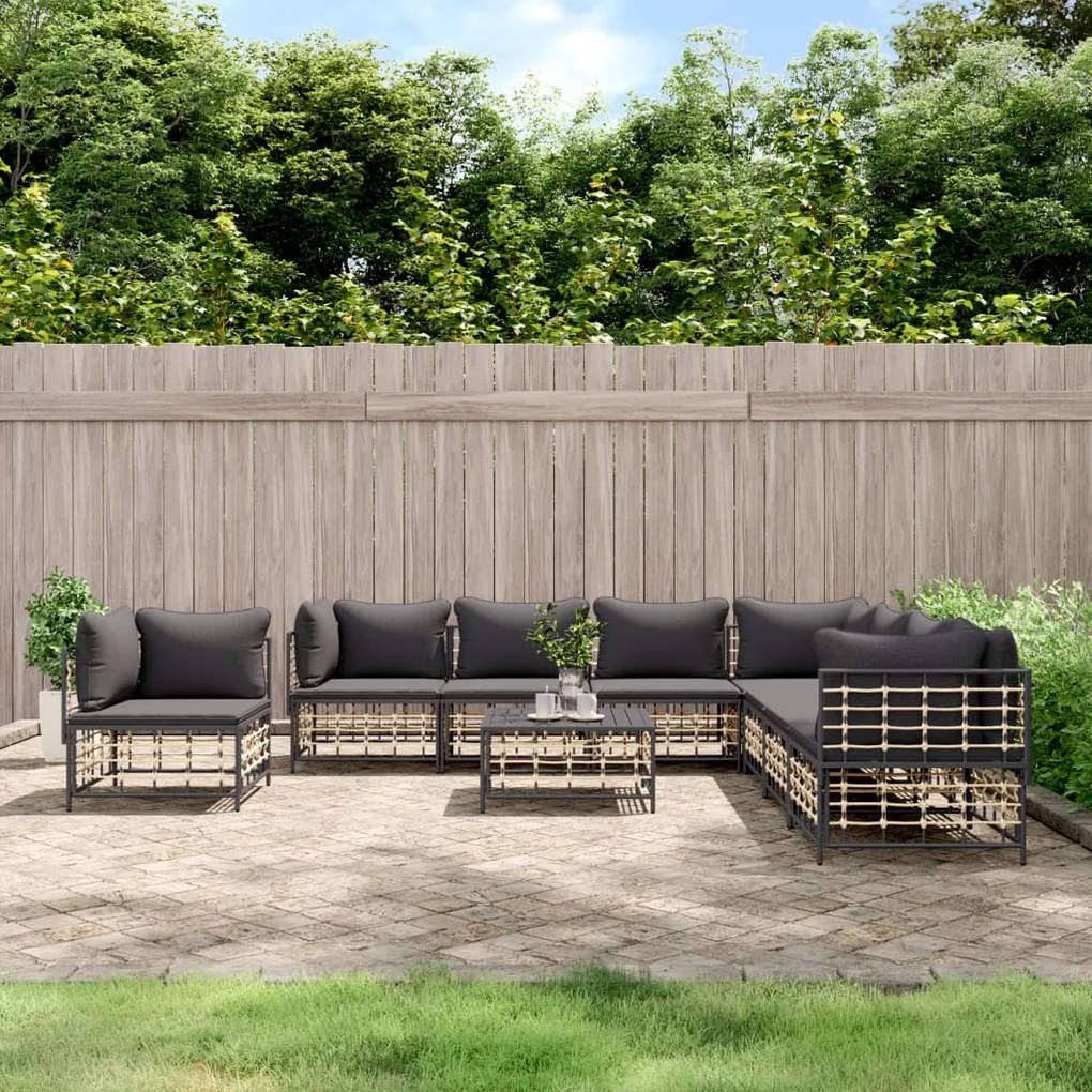 Set divani da giardino 9 pz con cuscini antracite in polyrattan