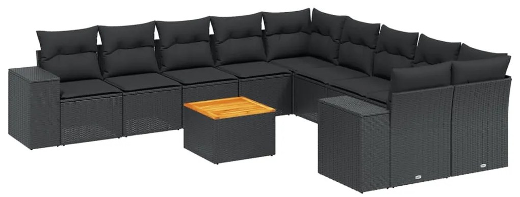 Set divani da giardino 11 pz con cuscini in polyrattan nero