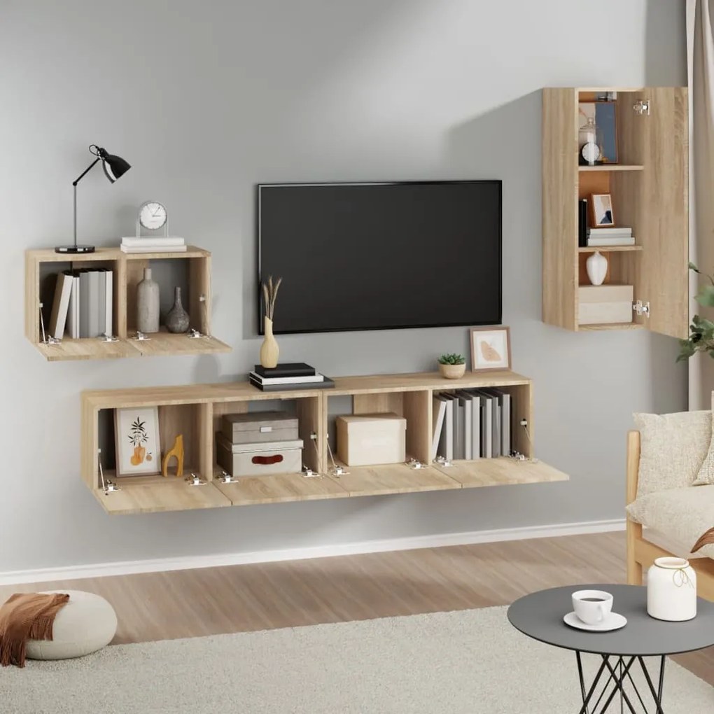 Set di mobili porta tv 4 pz rovere sonoma in legno multistrato