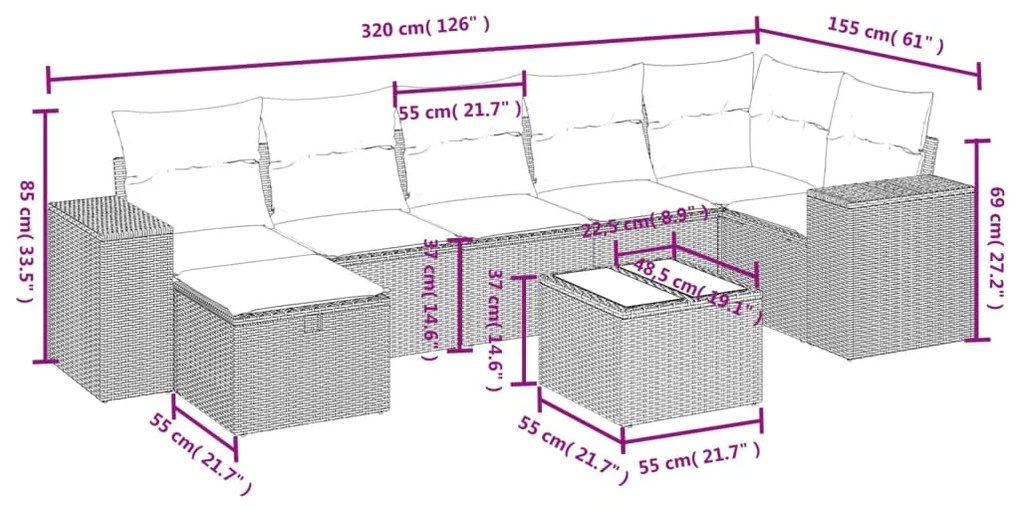 Set divano da giardino 8 pz con cuscini beige misto polyrattan