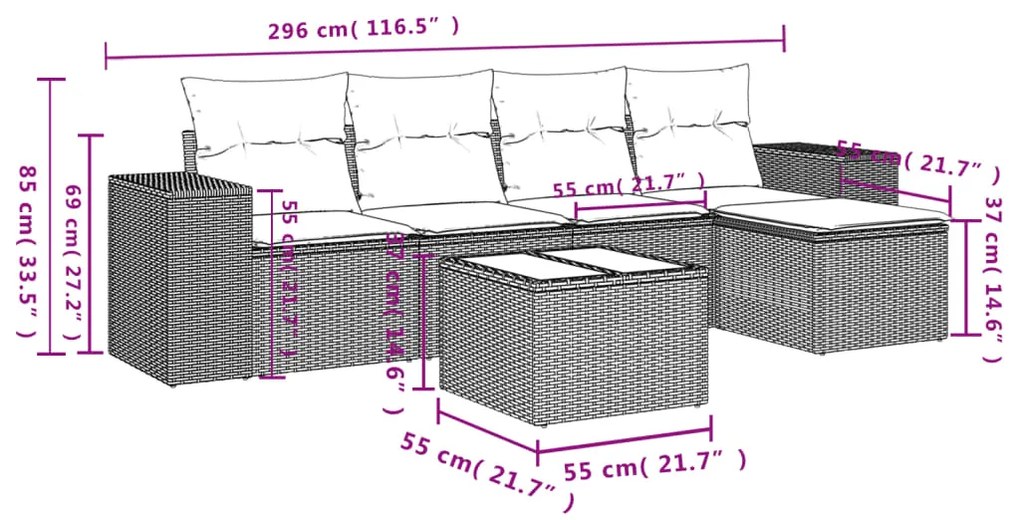 Set Divano da Giardino 6 pz con Cuscini Grigio in Polyrattan