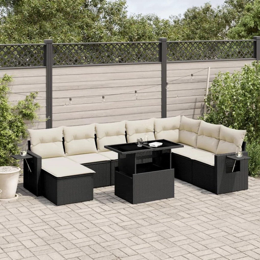 Set divani da giardino con cuscini 8 pz nero in polyrattan