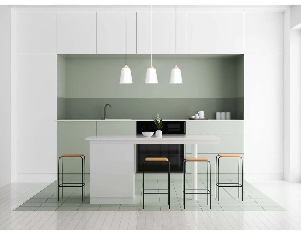Lampadario 3 Luci Lancillotto Con Paralumi A Cono In Acciaio Bianco E Legno Naturale