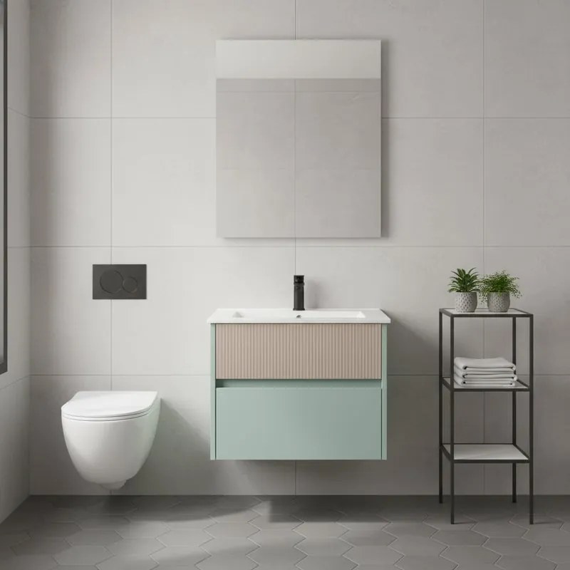 Mobile da bagno sospeso sotto lavabo Niwa 2 cassetti L 59.5 x H 50 x P 45.5 cm verde e sabbia laccato opaco cannettato