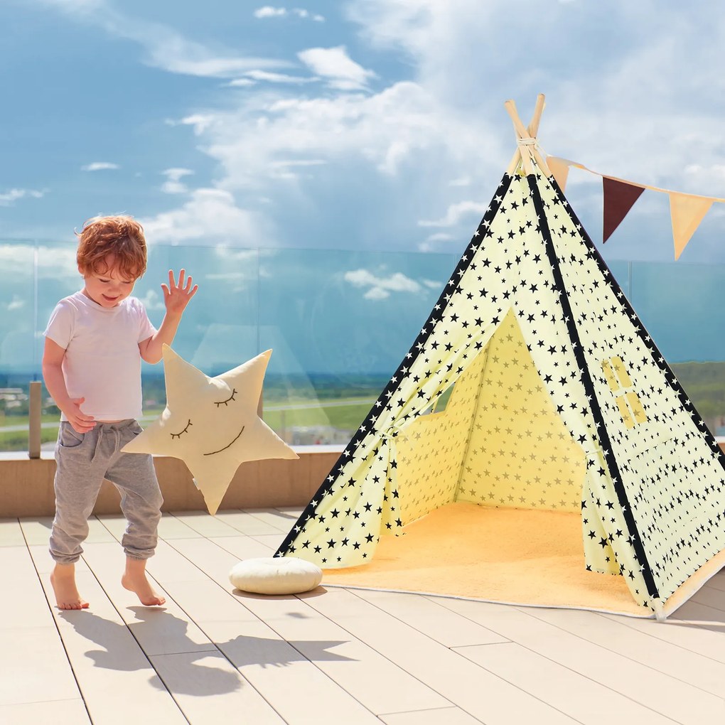 Costway Tenda tepee in cotone per bambini, Tappetino pieghevole con finestre e tasca 122 x 117,5 x 150 cm Naturale