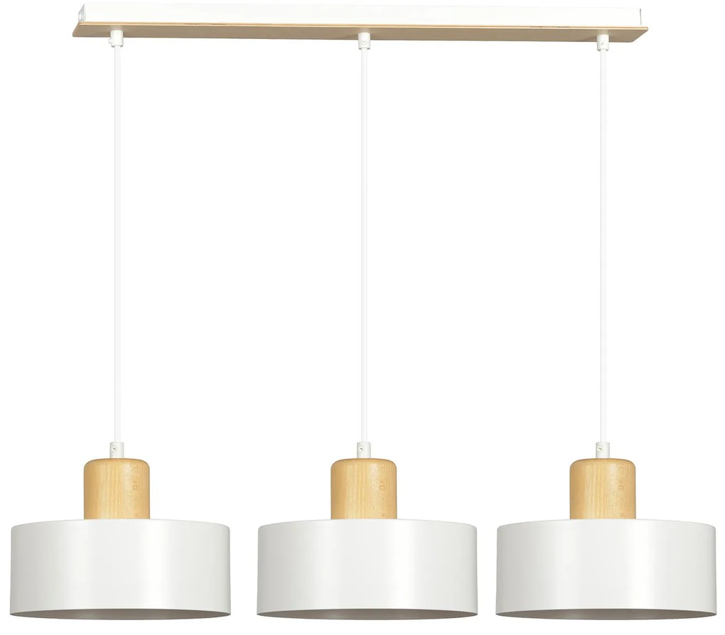 Sospensione Nordica 3 Luci Surya In Acciaio Bianco E Legno