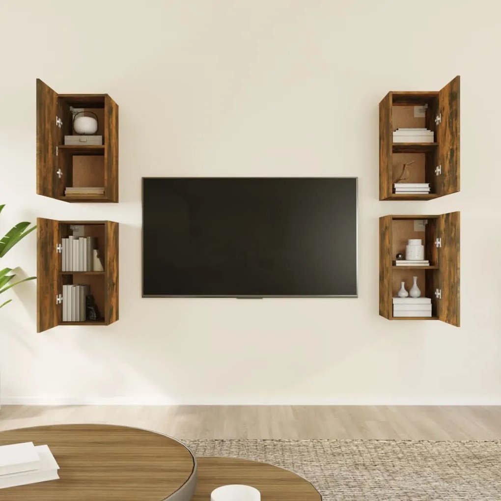 Mobili tv 4 pz rovere fumo 30,5x30x60 cm in legno multistrato