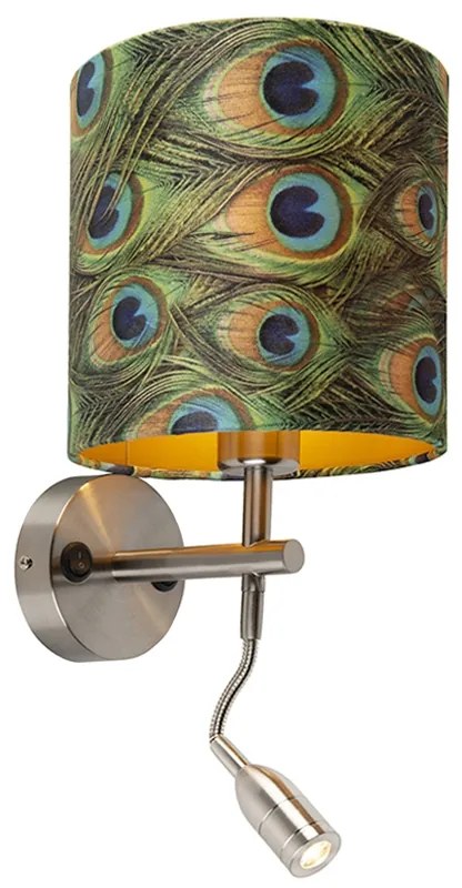 Applique moderna in acciaio con lampada da lettura e paralume in velluto 20/20/20 Pavone - Oro