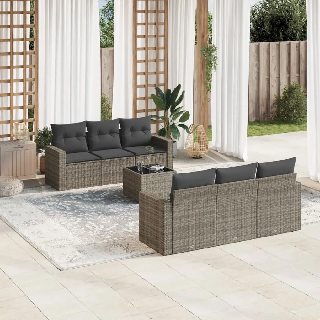 Set divani da giardino 7 pz con cuscini grigio in polyrattan