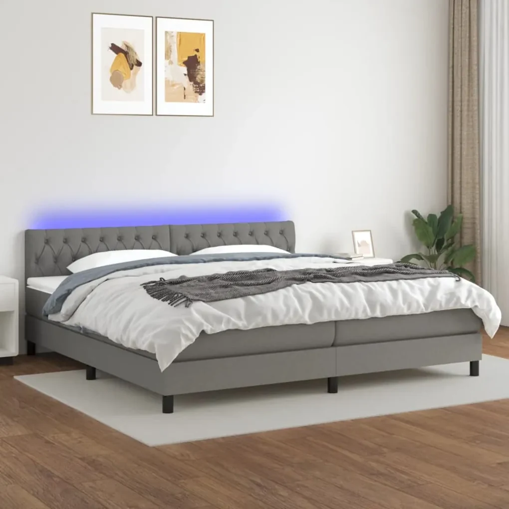 Letto a molle materasso e led grigio scuro 200x200cm in tessuto