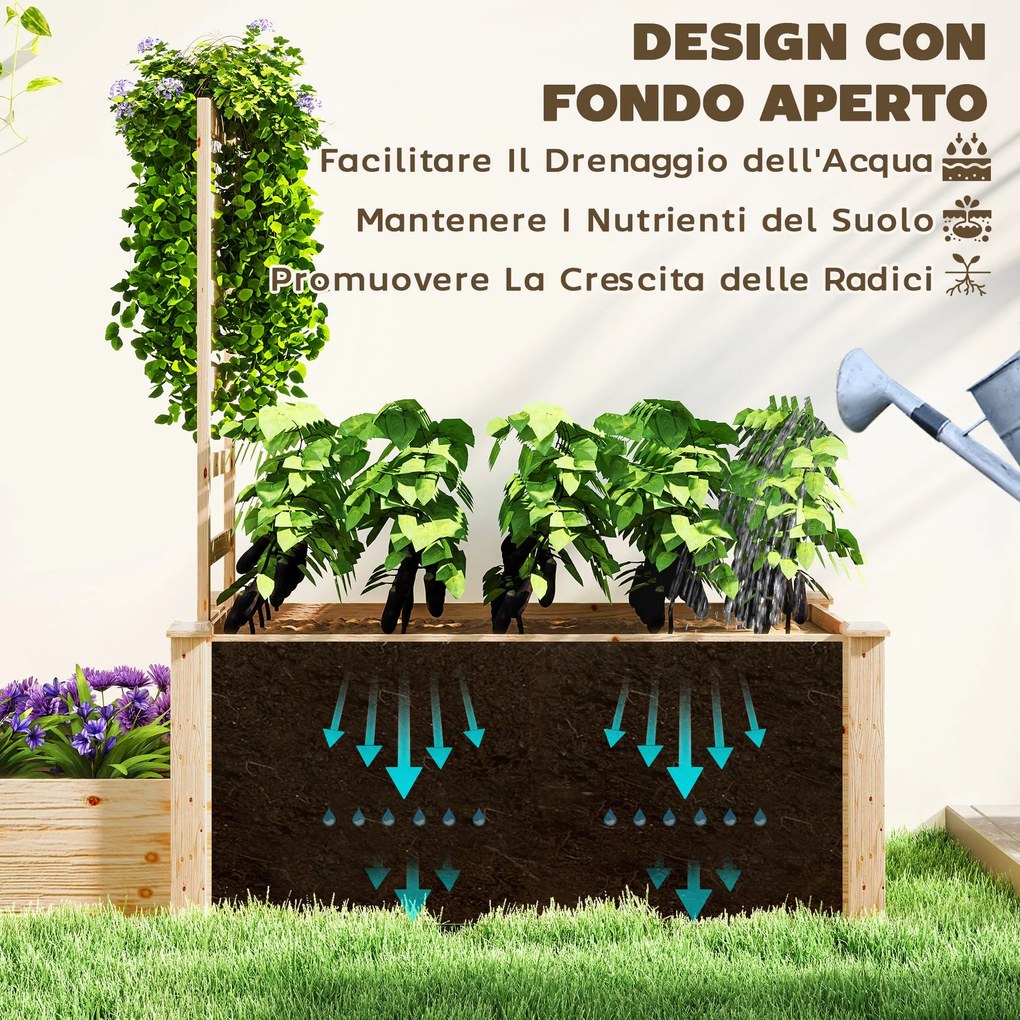 Fioriera Rialzata con Grigliato per Rampicanti e Divisorio 222x63x132 cm in Legno di Abete...