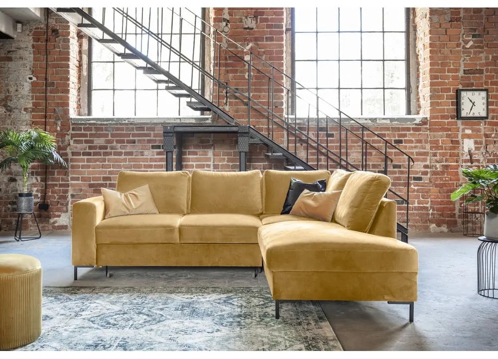 Divano letto angolare in velluto giallo (angolo destro) Lofty Lilly - Miuform
