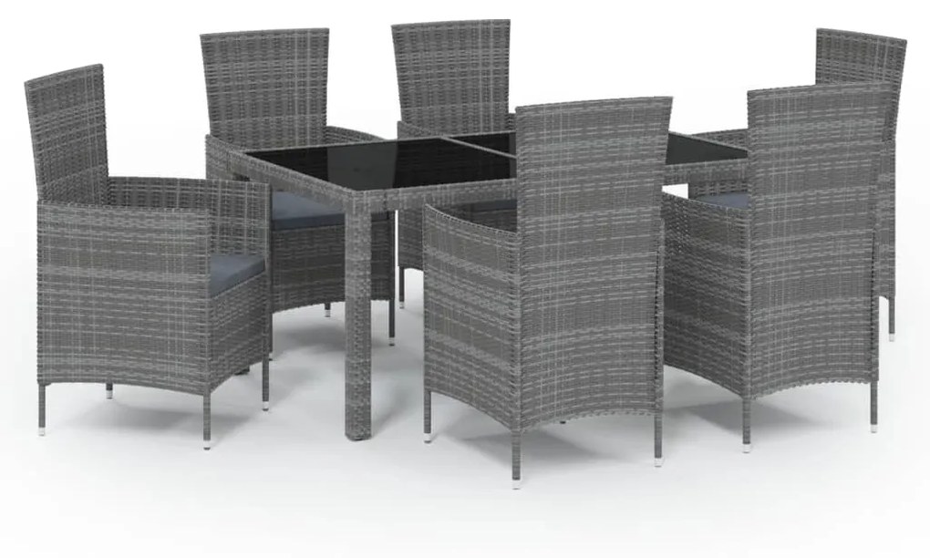 Set da pranzo per esterni 7 pz con cuscini in polyrattan grigio