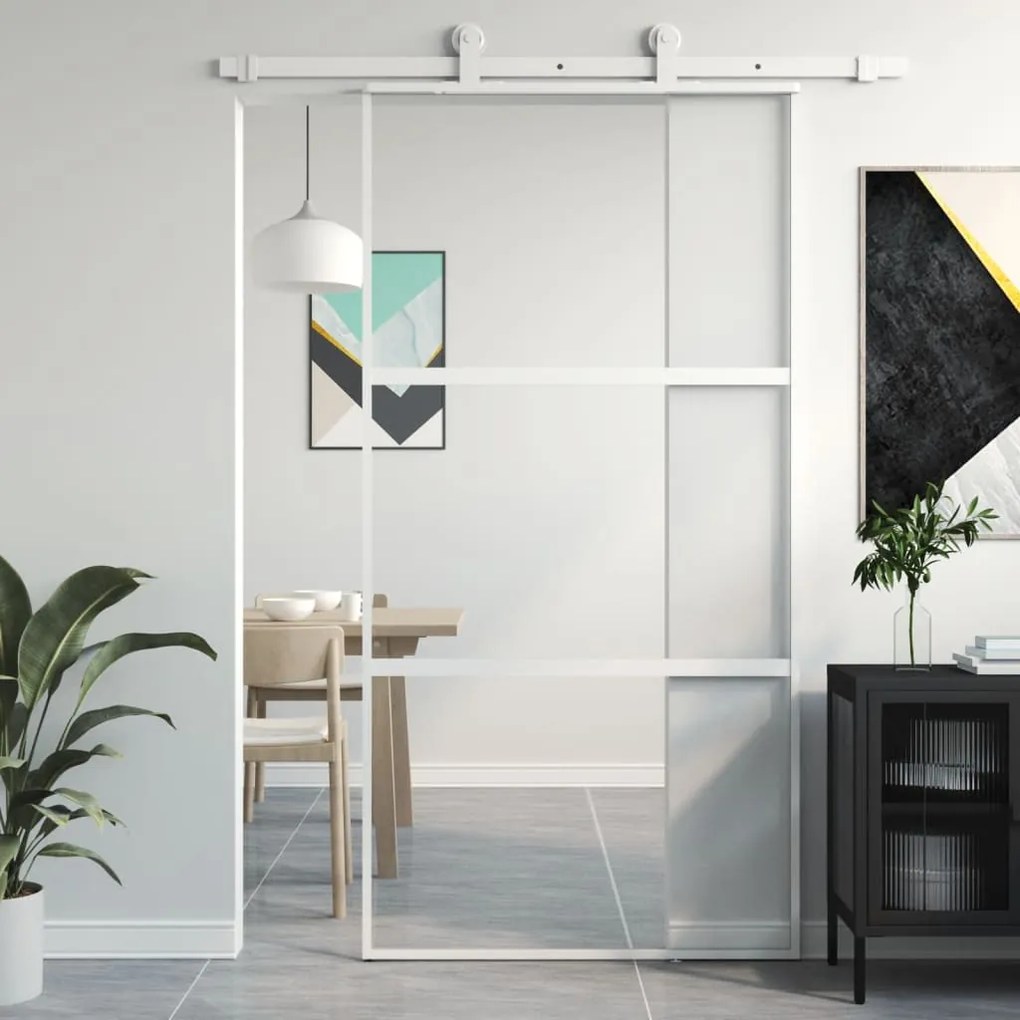 Porta Scorrevole Bianca 102,5x205cm Vetro Temperato E Alluminio /