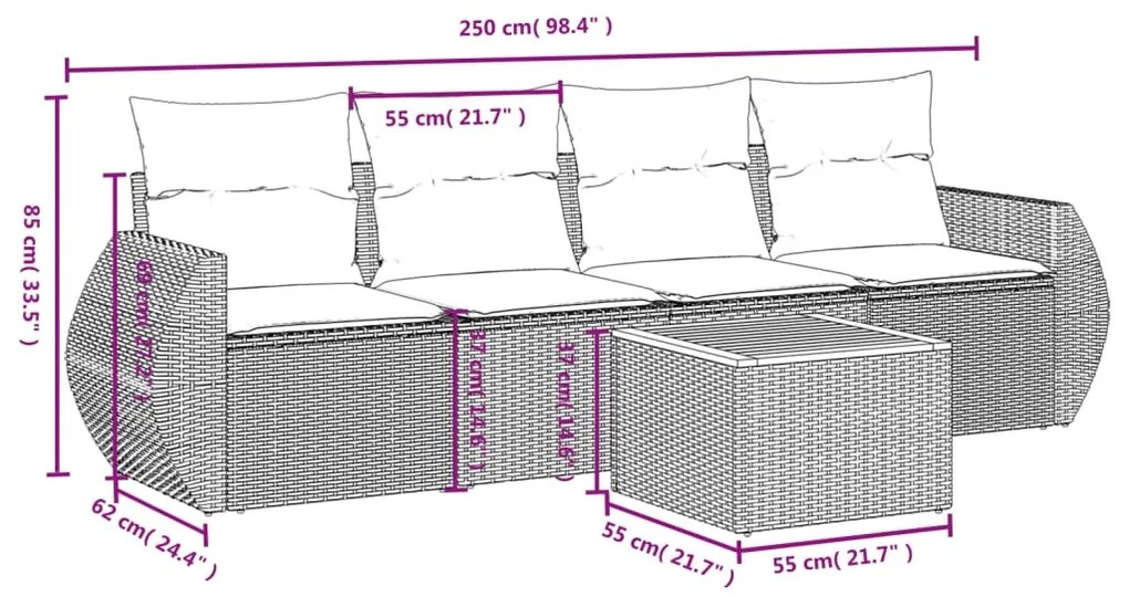 Set Divano da Giardino 5 pz con Cuscini Grigio in Polyrattan