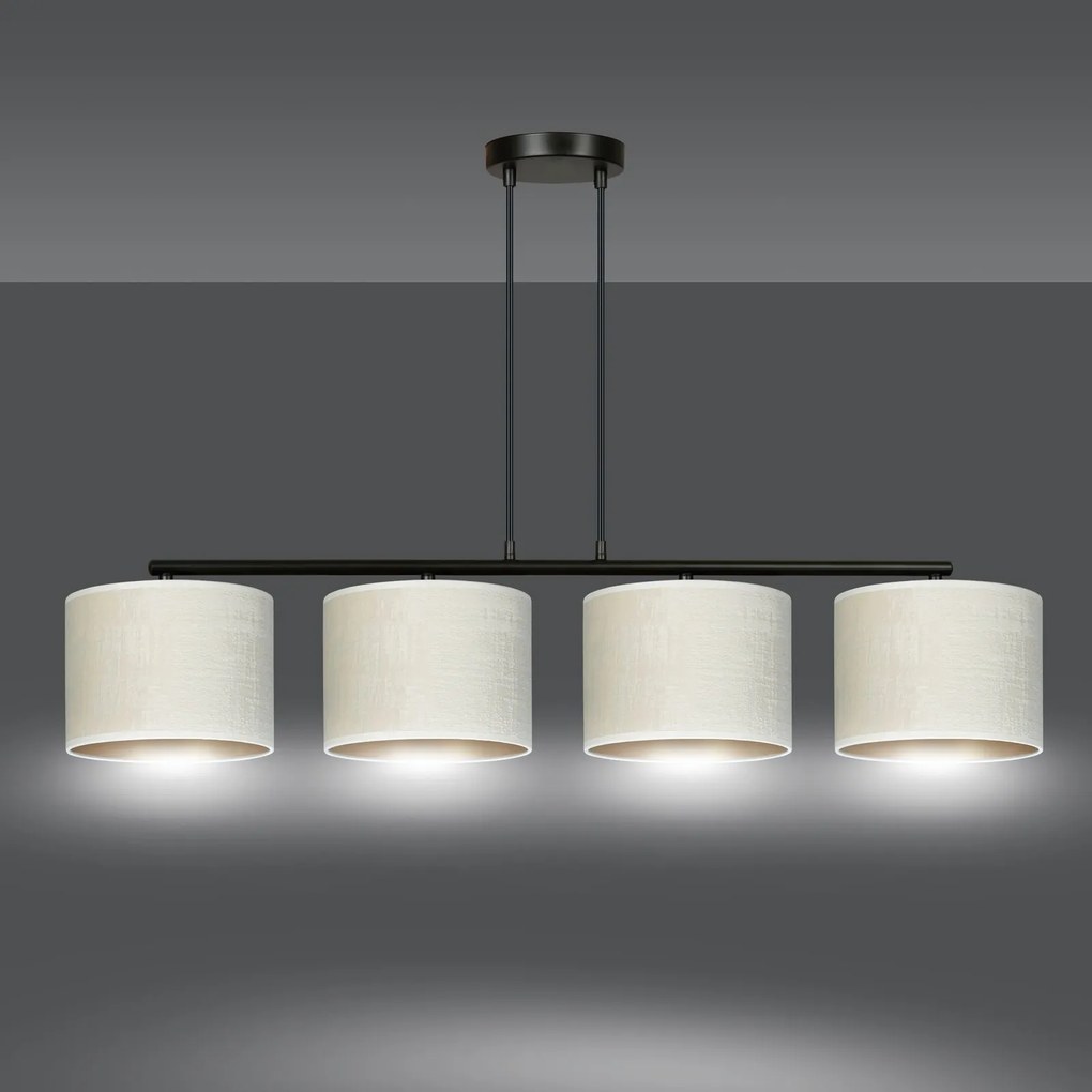 Lampadario 4 Luci Hilde In Acciaio Nero E Paralumi In Tessuto Beige