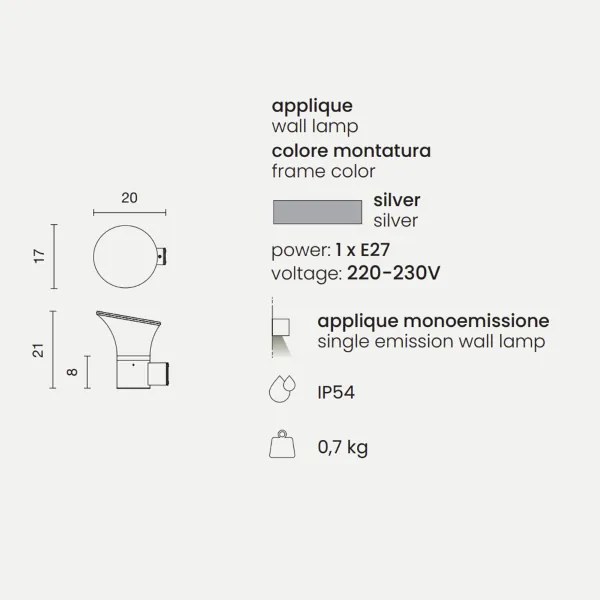 Applique lanterna da esterno ARES in alluminio 17x20 cm verniciato SILVER
