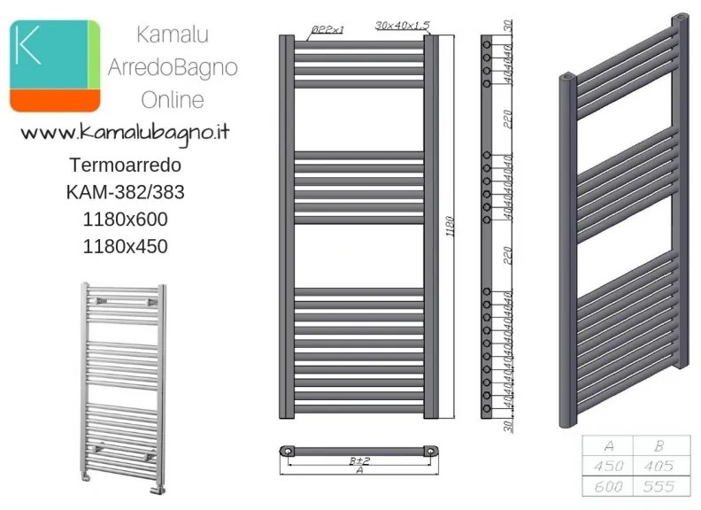 Kamalu - radiatore bagno inox 1180x450mm modello kam-382a