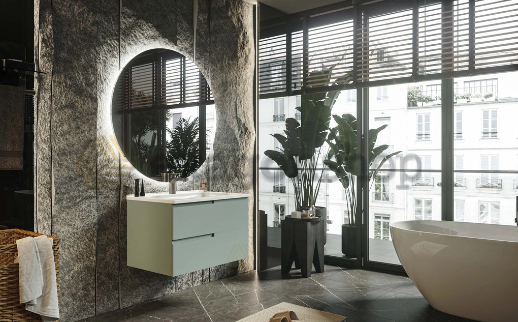 Mobile bagno salvia opaco 70x46 Sorrento due cassetti con maniglia sinistra e lavabo in ceramica