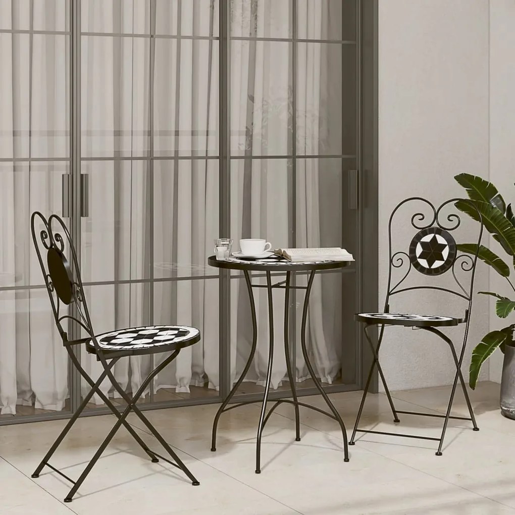 Set Da Bistrot Con Mosaico Nero E Bianco İn Ferro E Ceramica /
