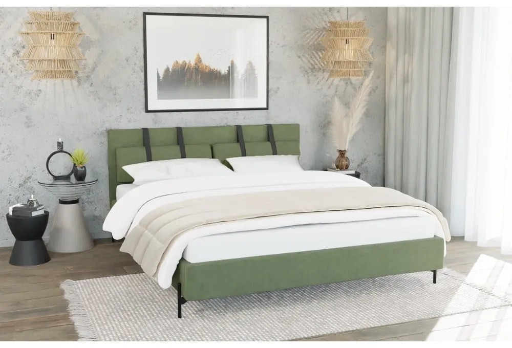 Letto matrimoniale imbottito verde con griglia 140x200 cm Tulsa - Ropez
