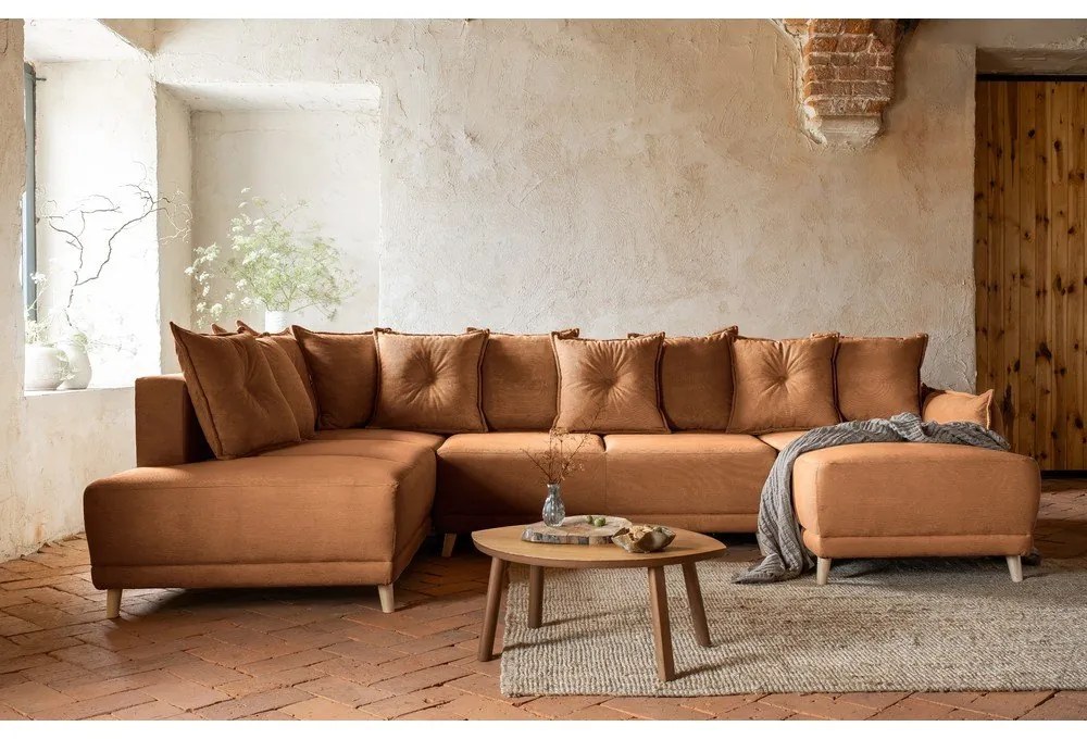 Divano letto angolare in velluto a coste color mattone (angolo sinistro/"U") Lazy Lukka - Miuform