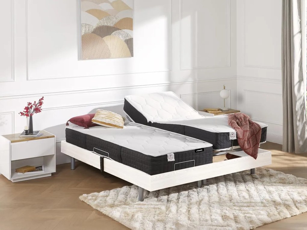 Letto elettrico relax sole sospensioni materasso molle insacchettate e memory - motori OKIN - 2 x 90 x 200 cm - Bianco - PHANES di YSMÉE