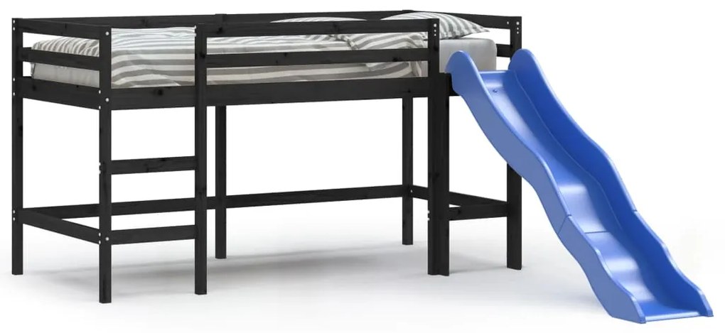 Letto soppalco con scivolo bambini nero 90x200cm massello pino