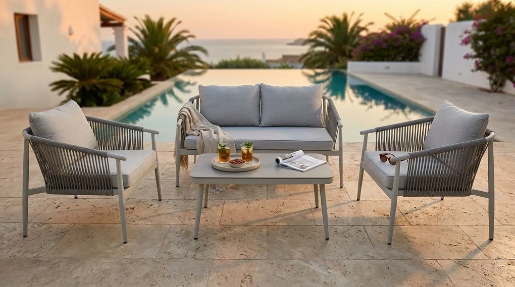 KISHORI - salotto da giardino in alluminio e corda 4 posti