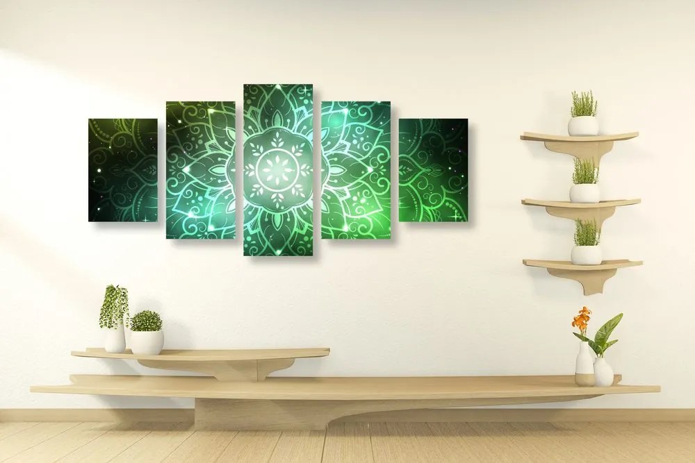Quadri 5 pezzi – Mandala con sfondo galattico in tonalità di verde