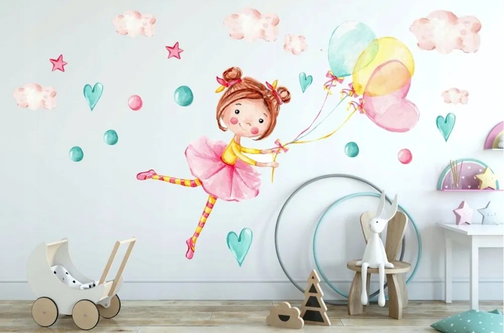 Adesivo per muro per bambini con disegno di bambina con palloncini 80 x 160 cm