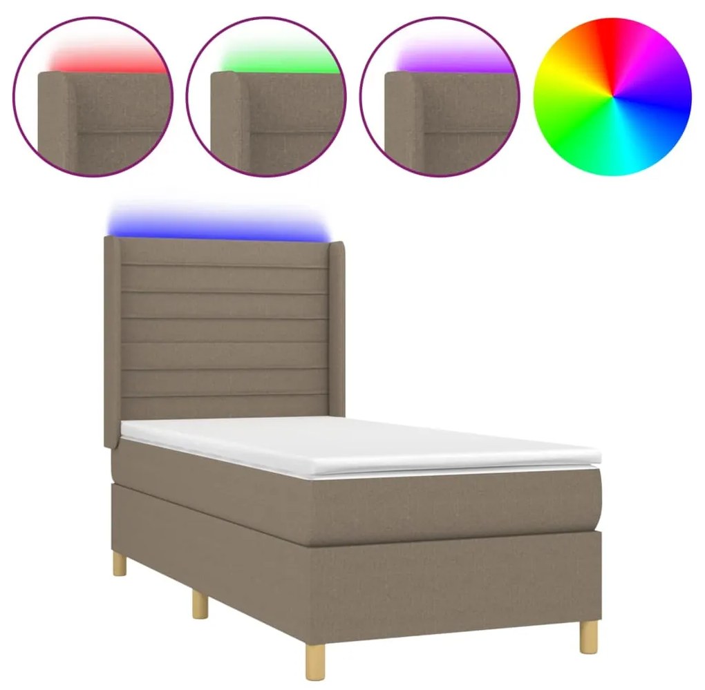 Letto a molle con materasso e led tortora 90x190 cm in tessuto