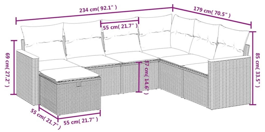 Set Divani da Giardino 7 pz con Cuscini Grigio in Polyrattan