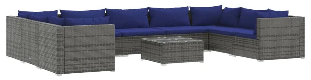 Set Divani da Giardino 10 pz con Cuscini in Polyrattan Grigio