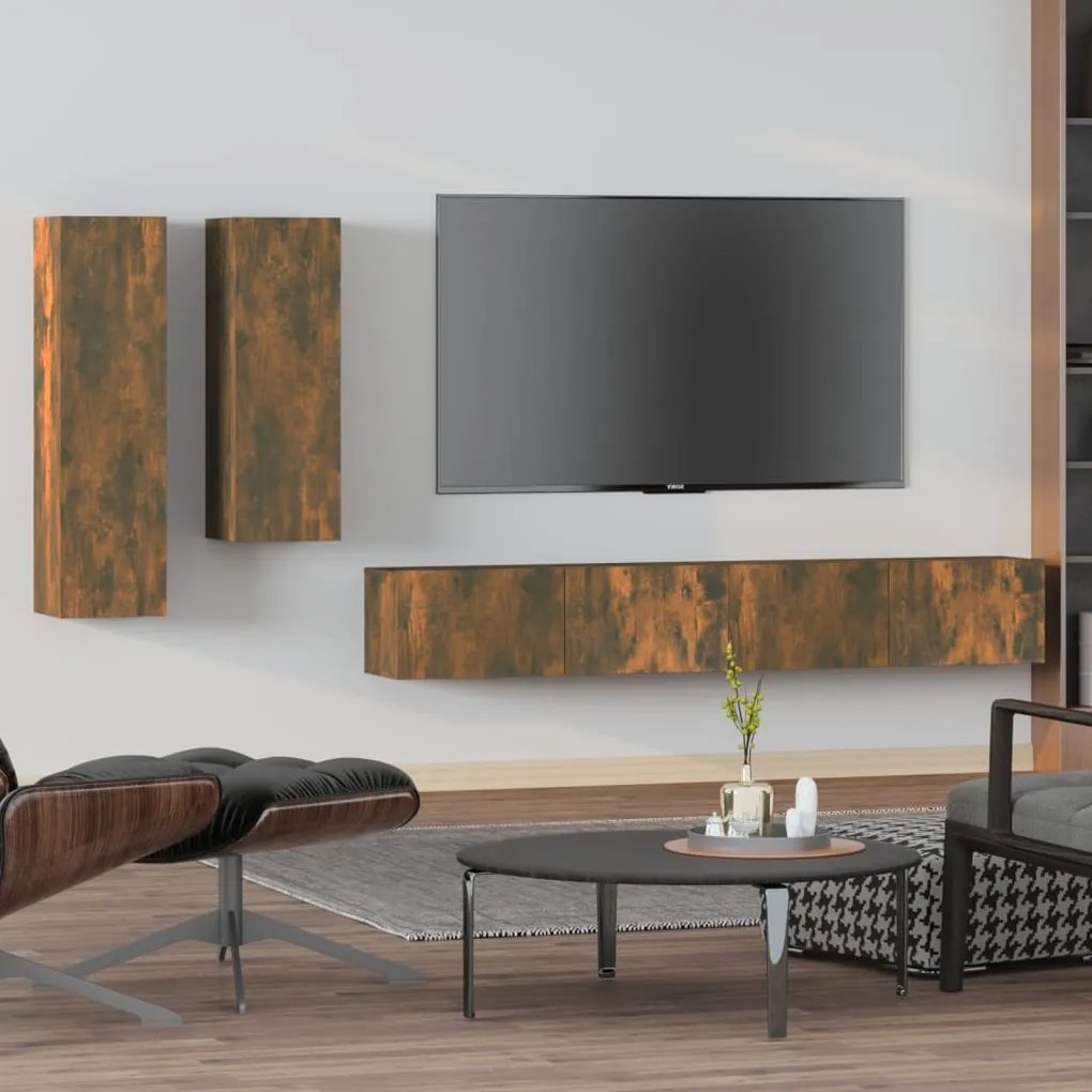 Set di mobili porta tv 4 pz rovere fumo in legno multistrato