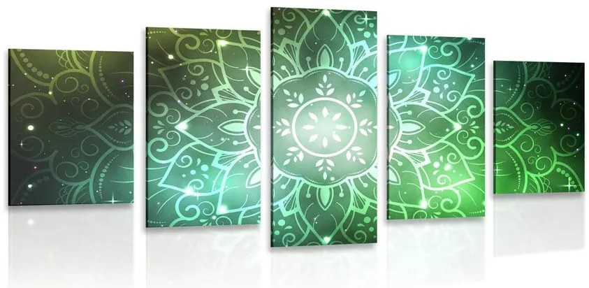 Quadri 5 pezzi – Mandala con sfondo galattico in tonalità di verde