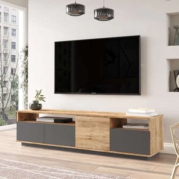 Mobile TV Da Terra 180 Cm Con Ante Frontali Antracite E Legno Nemus