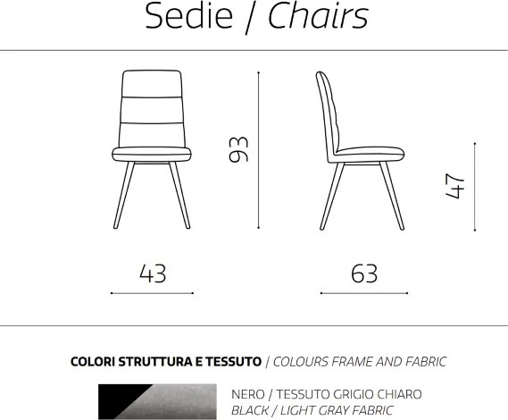 Sedia da cucina in tessuto Grigio Chiaro gambe metallo HILL set 2 pezzi