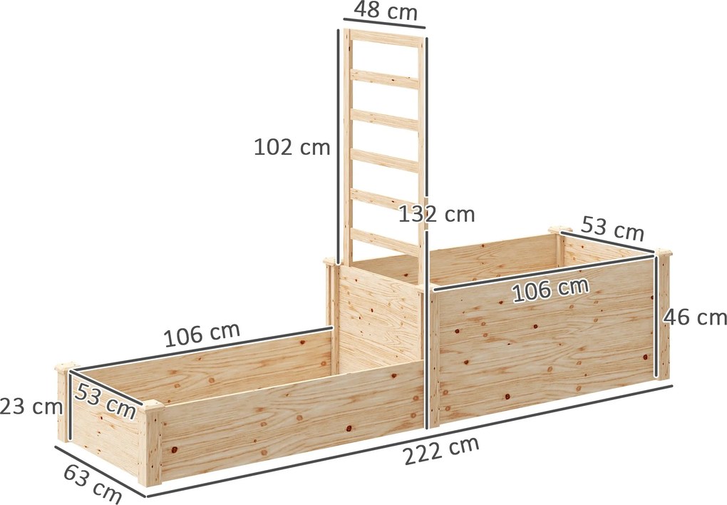 Fioriera Rialzata con Grigliato per Rampicanti e Divisorio 222x63x132 cm in Legno di Abete...