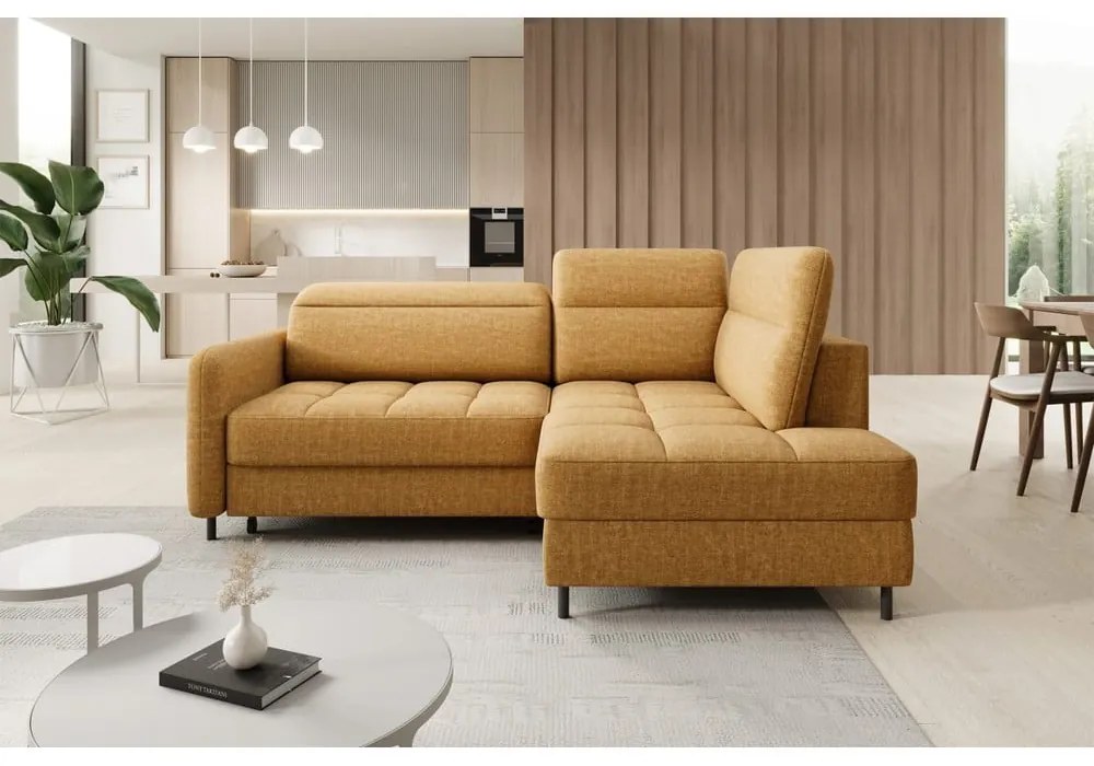 Divano angolare giallo allungabile/con contenitore (con penisola a destra/a L) e rivestimento in velluto Barea – ELTAP