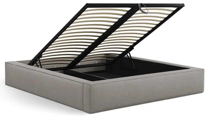 Letto matrimoniale imbottito grigio chiaro con contenitore e rete inclusi 200x200 cm Simon – Micadoni