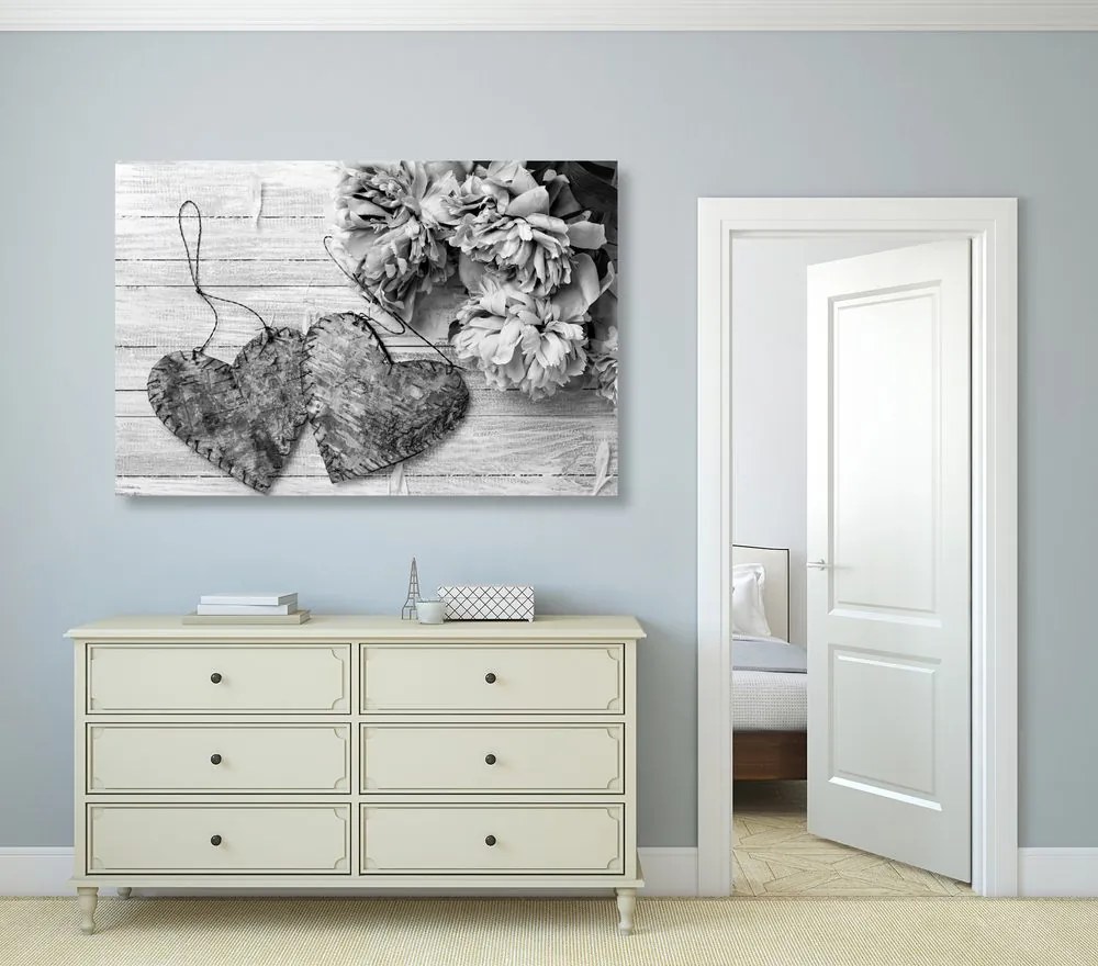 Stampa su tela – Peonie e cuoricini di betulla in bianco e nero