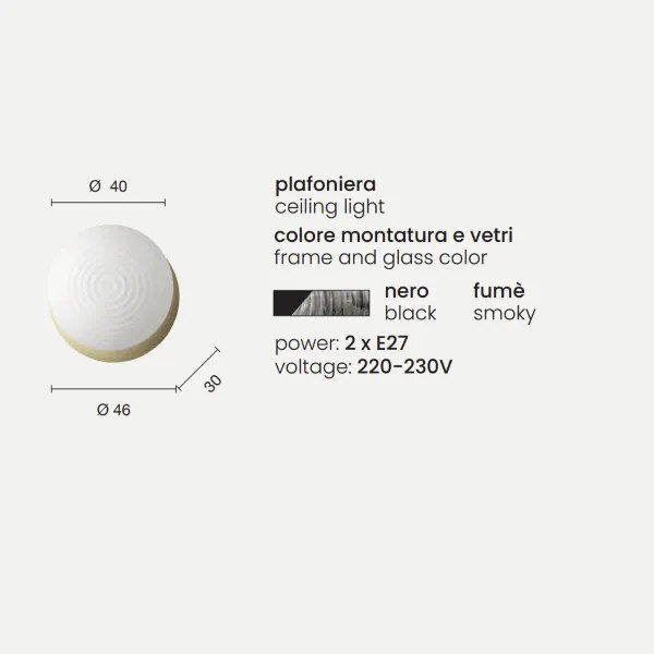 Plafoniera D46 cm TONDO con base in metallo Fumč e diffusore in vetro