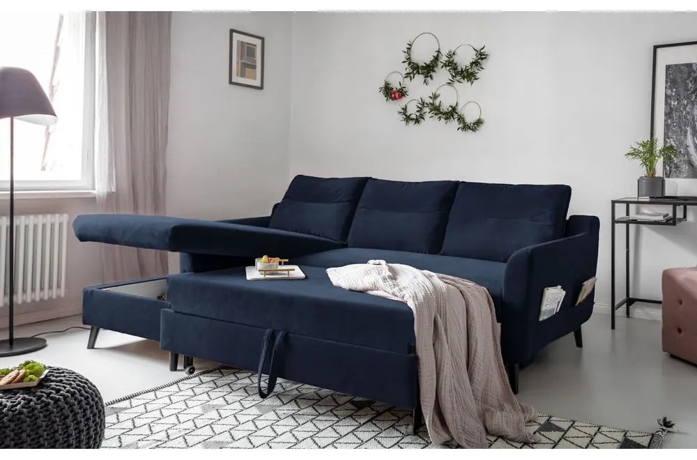 Divano letto angolare in velluto blu scuro, angolo sinistro Stylish Stan - Miuform