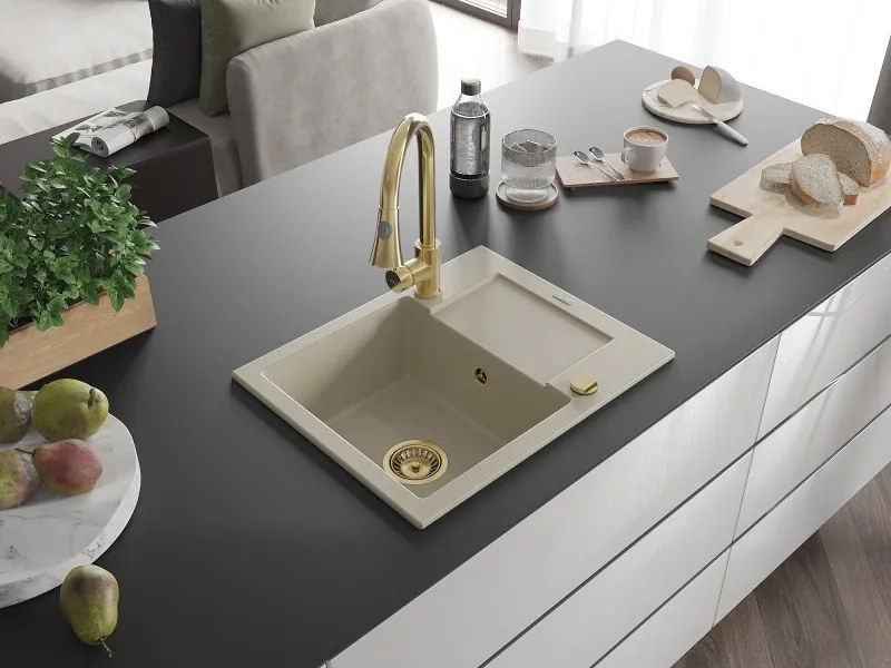 Mexen Enzo lavello in granito a 1 vasca con scolapiatti e rubinetto da cucina Elia, beige - 6506-69-670101-50