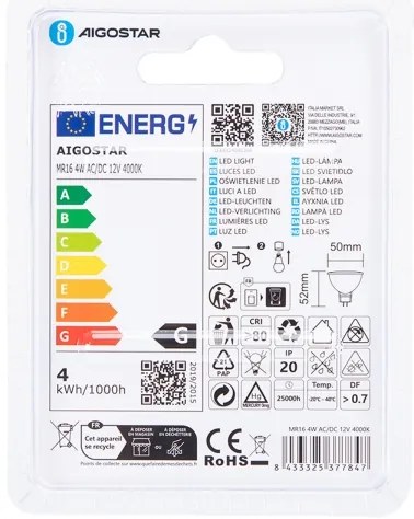 Lampadina LED MR16 GU5,3/4W/12V 4000K - Aigostar