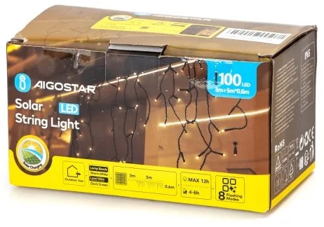Aigostar - Catena di Natale solare a LED 100xLED/8 funzioni 8x0,6m IP65 bianco caldo
